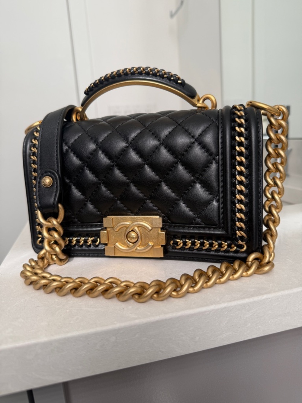 CHANEL Black Quilted Boy-Style Top Handle Bag with Gold Hardware